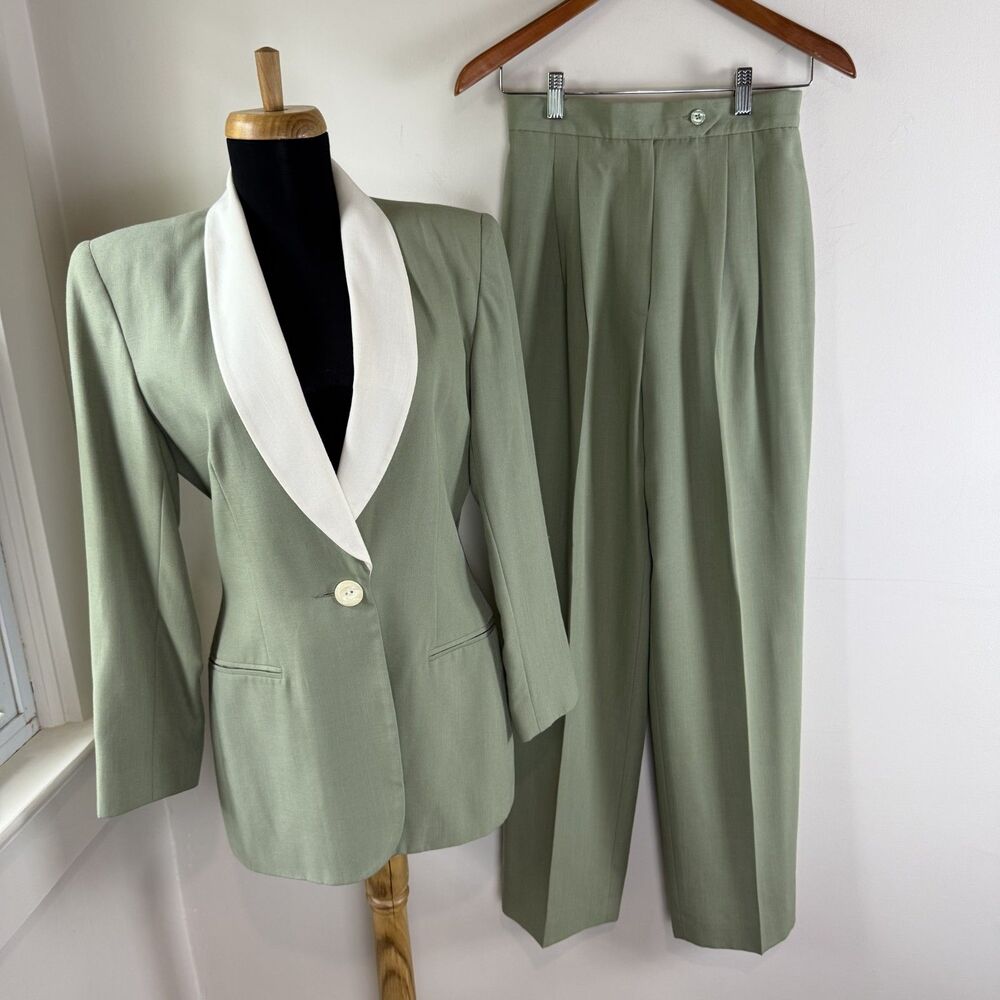 Vintage 90s Sage Green Power Suit Set | High Waisted Trousers Shawl Collar